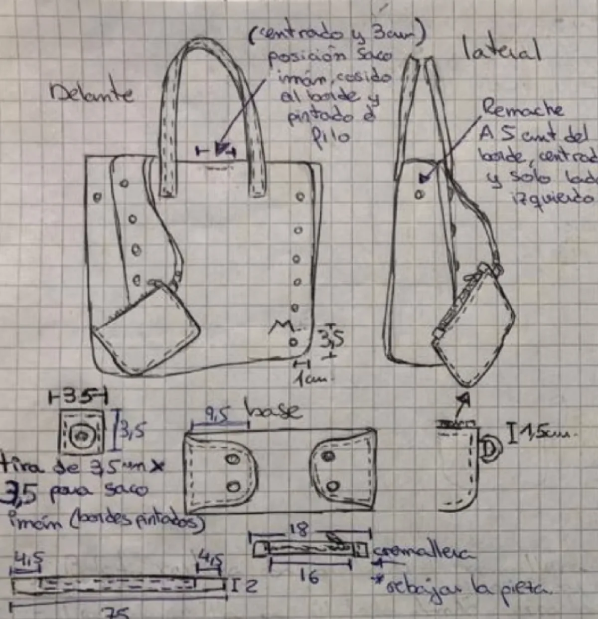 Boceto técnico de un bolso dibujado a mano con las cotas, la posición del imán, el remache y la indicación de rebajar la pieza